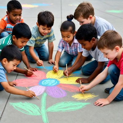 Diverse children drawing flower with chalk