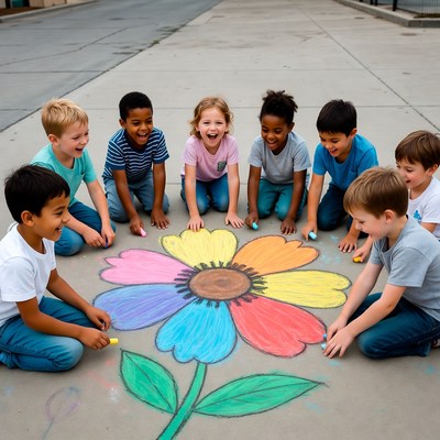 Children drawing giant flower on sidewalk