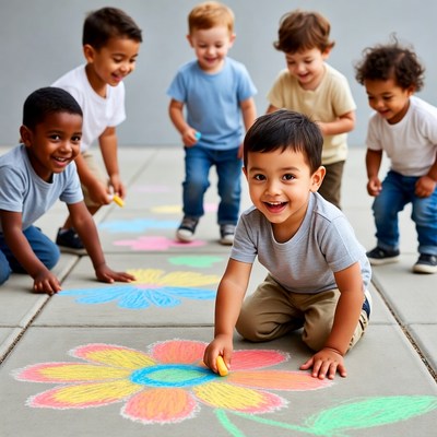 Boys drawing colorful flowers with chalk