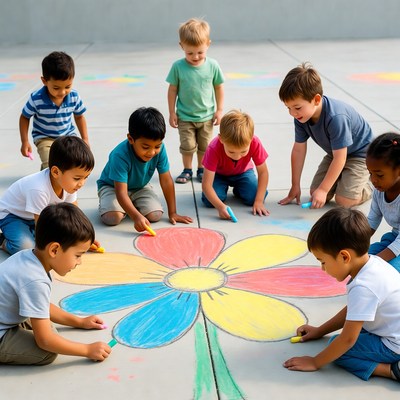 Children drawing giant flower with chalk