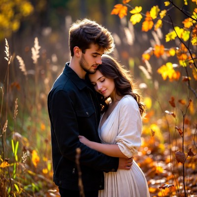 Young couple embracing in autumn field