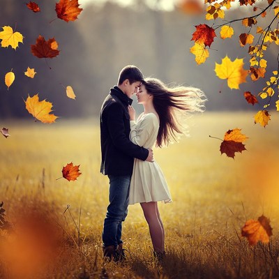 Romantic couple embracing among autumn leaves