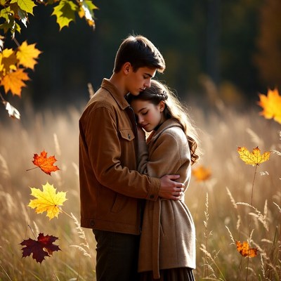 Young couple embracing in autumn field