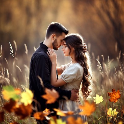 Romantic couple embracing in autumn field