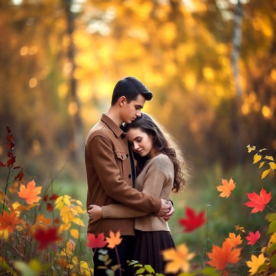 Couple embracing in autumn forest