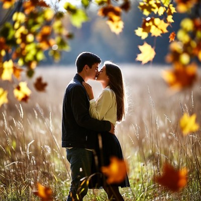 Young couple kissing in autumn field