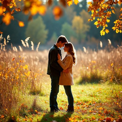 Young couple embracing in autumn field