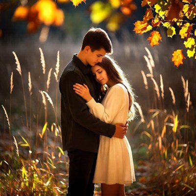 Young couple embracing in autumn field