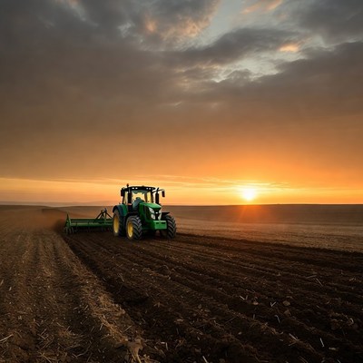 Green John Deere Tractor Plowing Field at Sunset