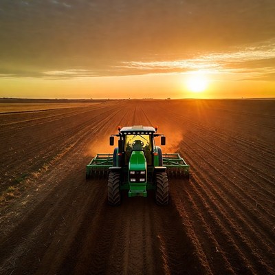 Green Tractor Plowing Field at Sunset