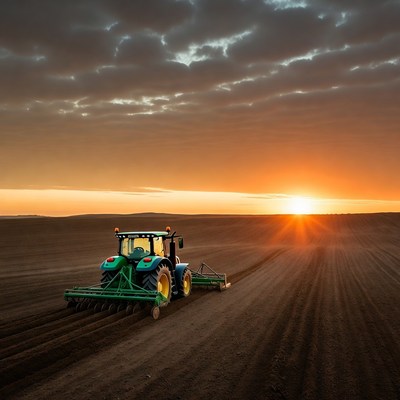Green Tractor Plowing Field at Sunset