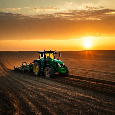 Green Tractor Plowing Field at Sunset