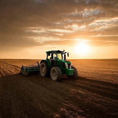 Green Tractor Plowing Field at Sunset