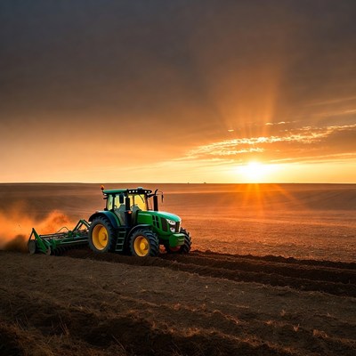 Green Tractor Plowing Field at Sunset