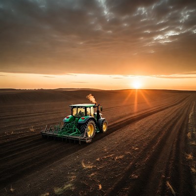 Green Tractor Plowing Field at Sunset
