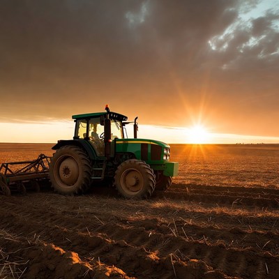 Green Tractor Plowing Field at Sunset