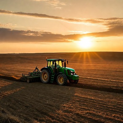 Green Tractor Plowing Field at Sunset