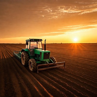 Green Tractor Plowing Field at Sunset