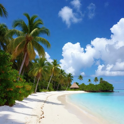 Tropical Beach with Palm Trees and Hut