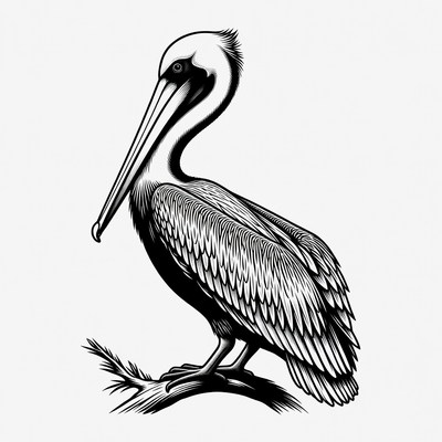 Pelican perched on branch illustration