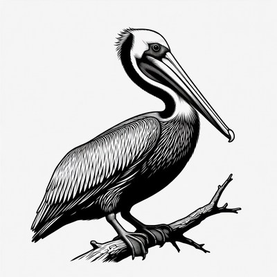 Pelican standing on branch illustration