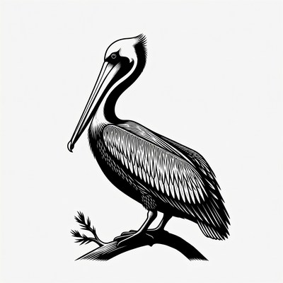 Pelican perched on branch illustration