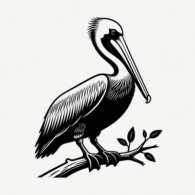 Pelican perched on branch illustration