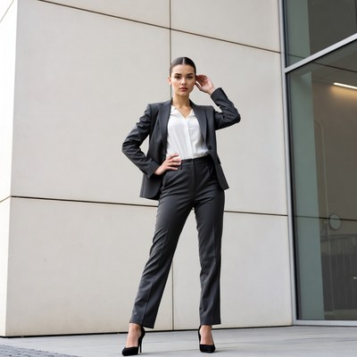 Woman in gray suit posing confidently