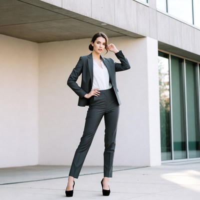 Woman in gray suit posing outside