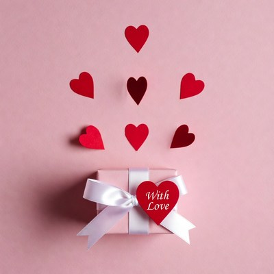 Pink gift box with hearts and 'With Love'