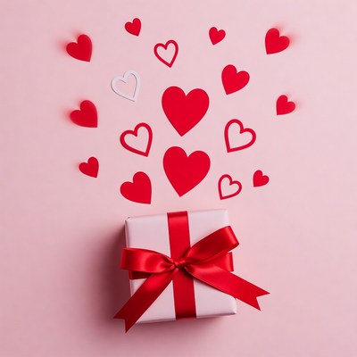Pink Gift Box with Flying Hearts