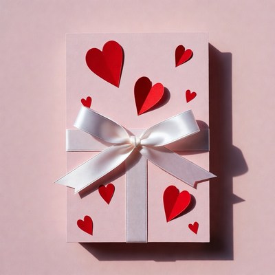 Pink gift box with red hearts