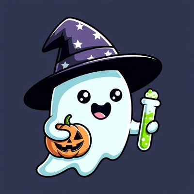 Cute Ghost Witch with Potion and Pumpkin
