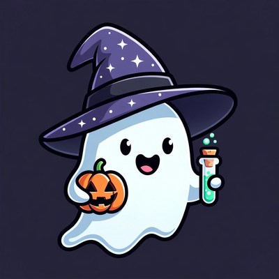 Cute Ghost Witch with Pumpkin and Potion