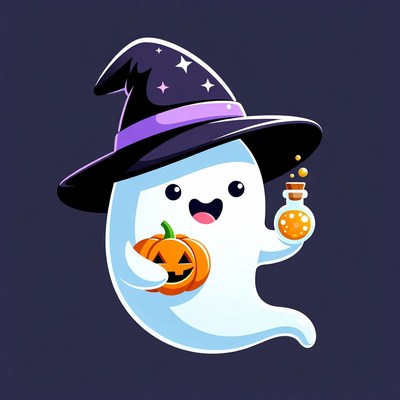 Cute Ghost Witch with Potion and Pumpkin