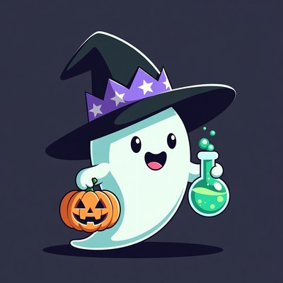 Cute Ghost Witch Holding Pumpkin and Potion