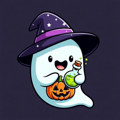 Cute ghost witch holding pumpkin potion