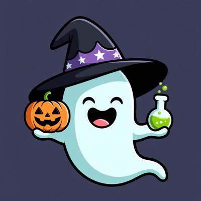 Cute Ghost Witch with Pumpkin and Potion