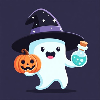 Cute Ghost Witch with Pumpkin and Potion
