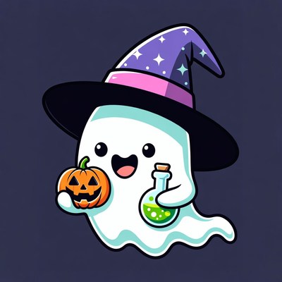 Cute Ghost Holding Pumpkin and Potion