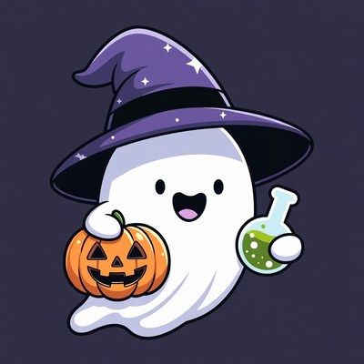 Cute Ghost Witch with Pumpkin and Potion