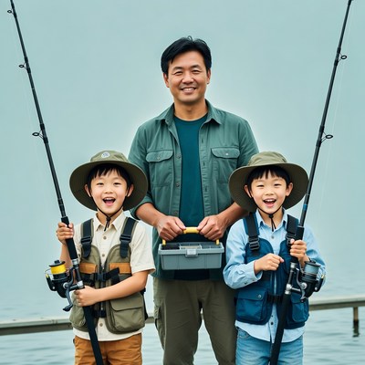 Asian father fishing with two young sons