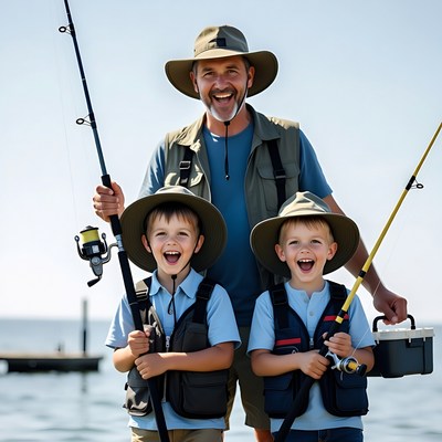 Father and sons fishing on dock
