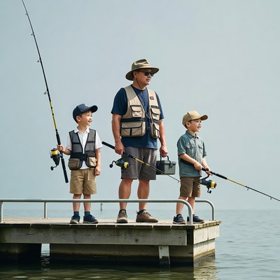 Father and sons fishing on dock
