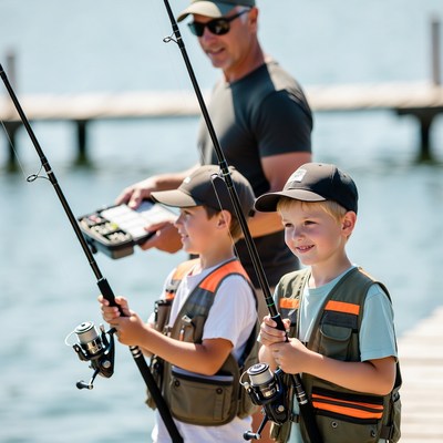 Father and two boys fishing on dock