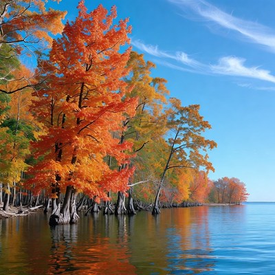 Autumn Bald Cypress Trees by Lake