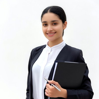 Smiling woman holding black folder