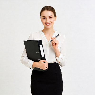 Smiling woman holding black folder