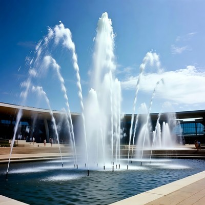 Fountain spraying water in front of modern building