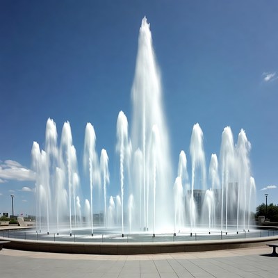 Tall Water Fountains in Blue Sky